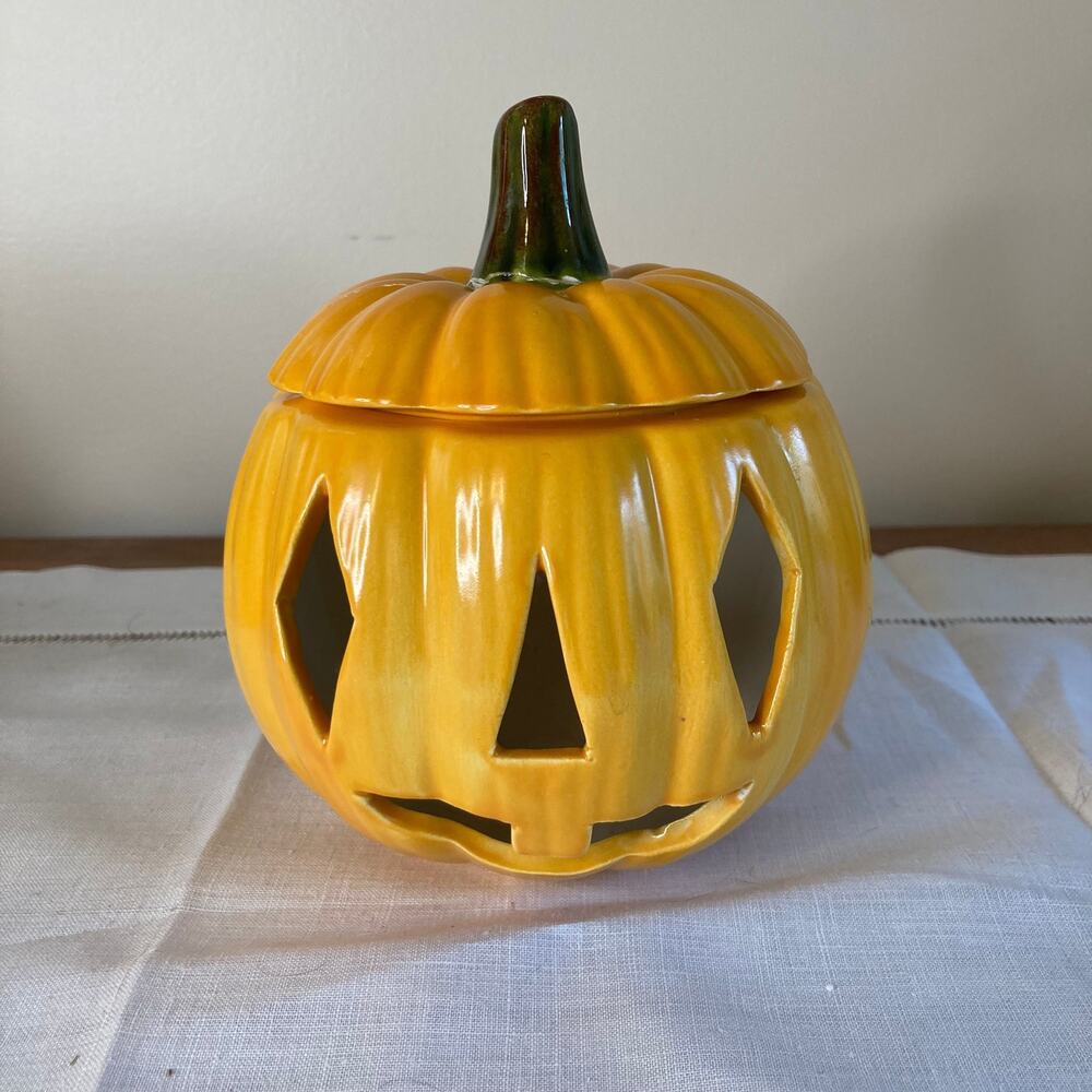 Ceramic Jack O Lantern Pumpkin Luminary Signed Artist Studio Vintage 60s READ
